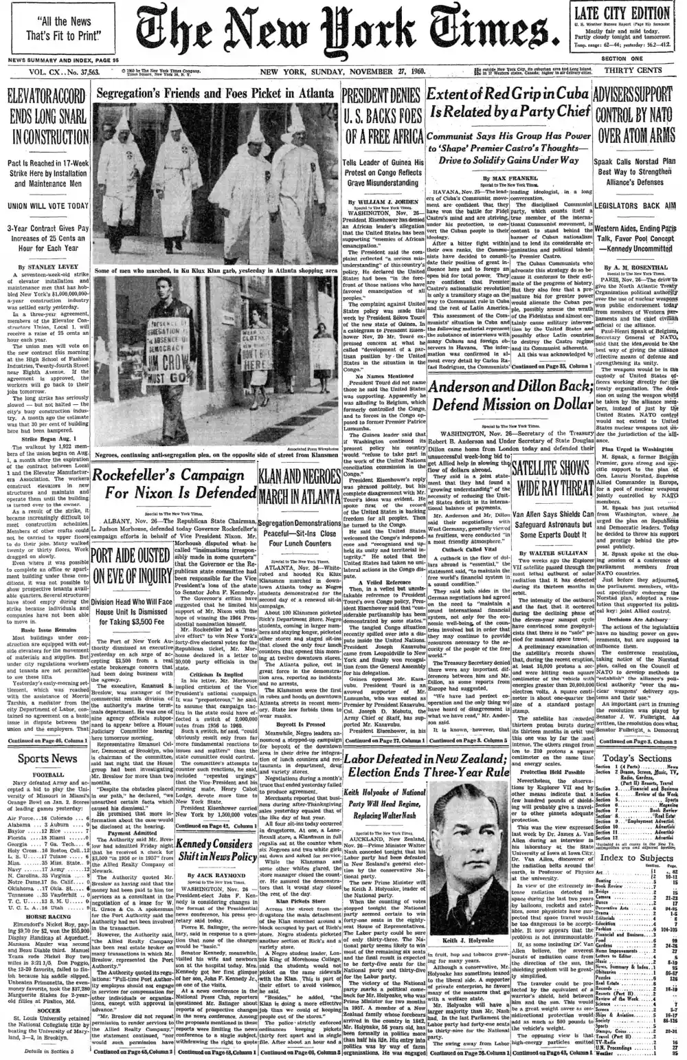 Sunday, November 27, 1960 – The New York Times Front Page