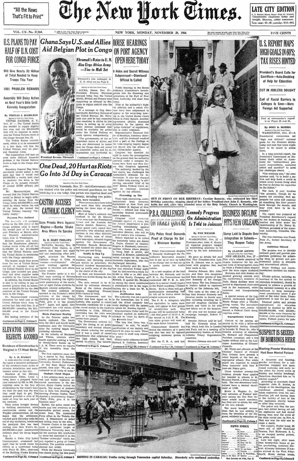 Monday, November 28, 1960 – The New York Times Front Page