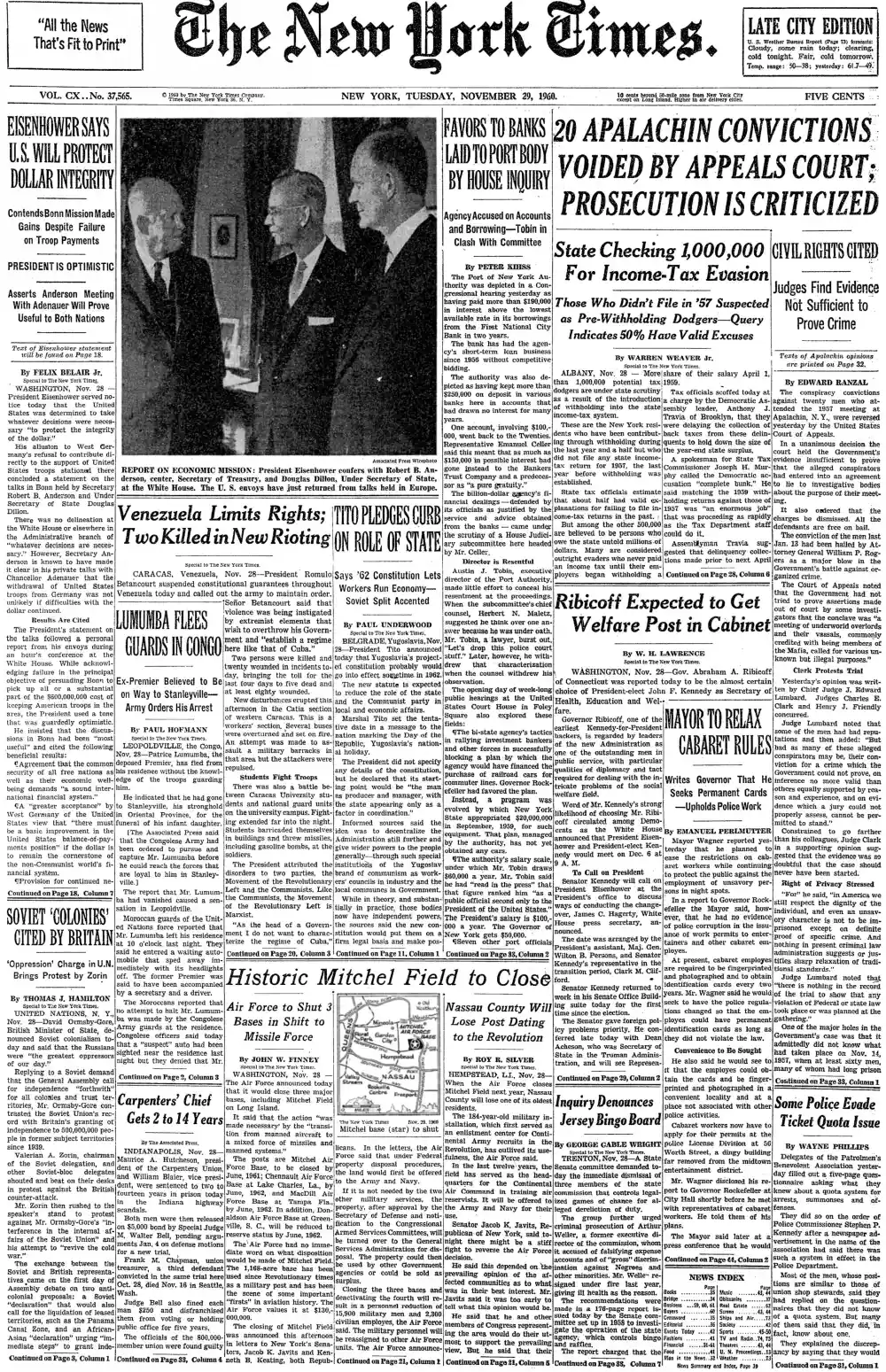 Tuesday, November 29, 1960 – The New York Times Front Page