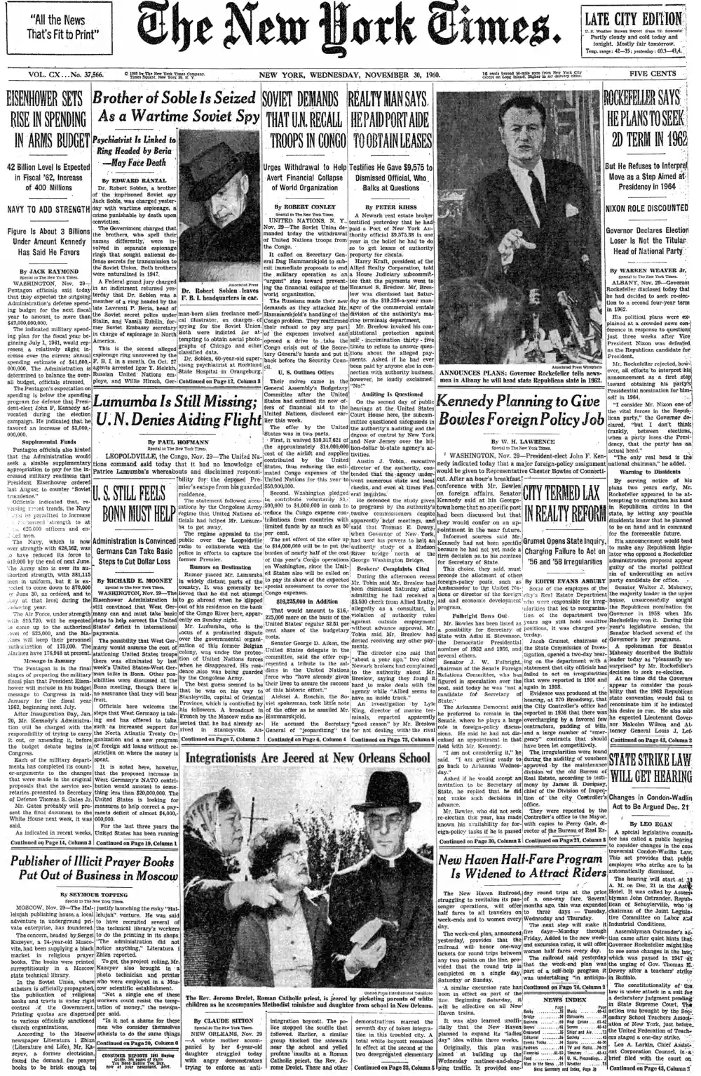 Wednesday, November 30, 1960 – The New York Times Front Page