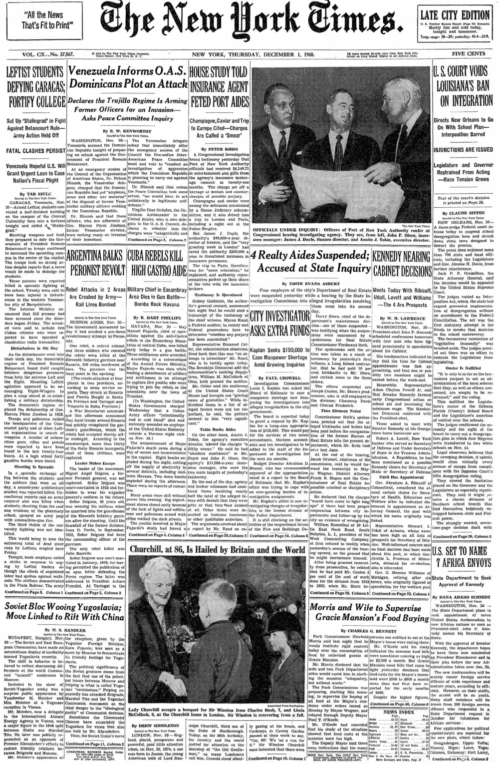 Thursday, December 1, 1960 – The New York Times Front Page