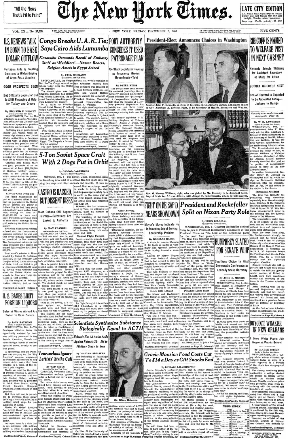 Friday, December 2, 1960 – The New York Times Front Page
