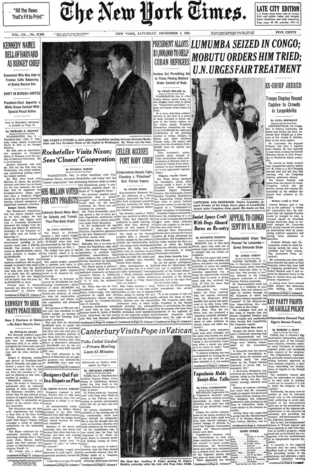 Saturday, December 3, 1960 – The New York Times Front Page
