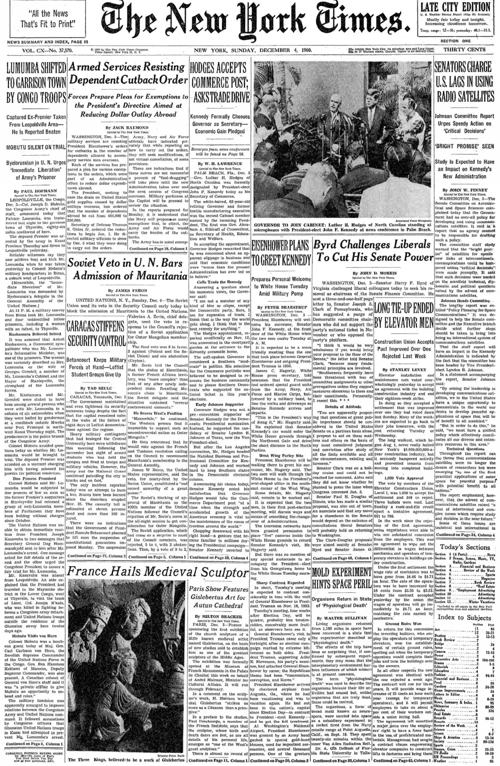 Sunday, December 4, 1960 – The New York Times Front Page