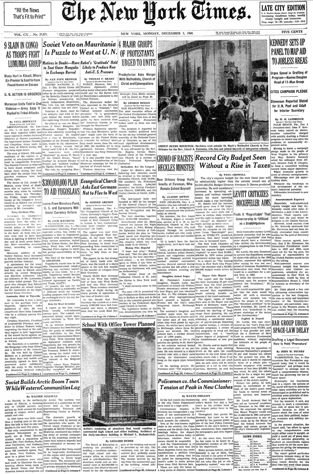 Monday, December 5, 1960 – The New York Times Front Page