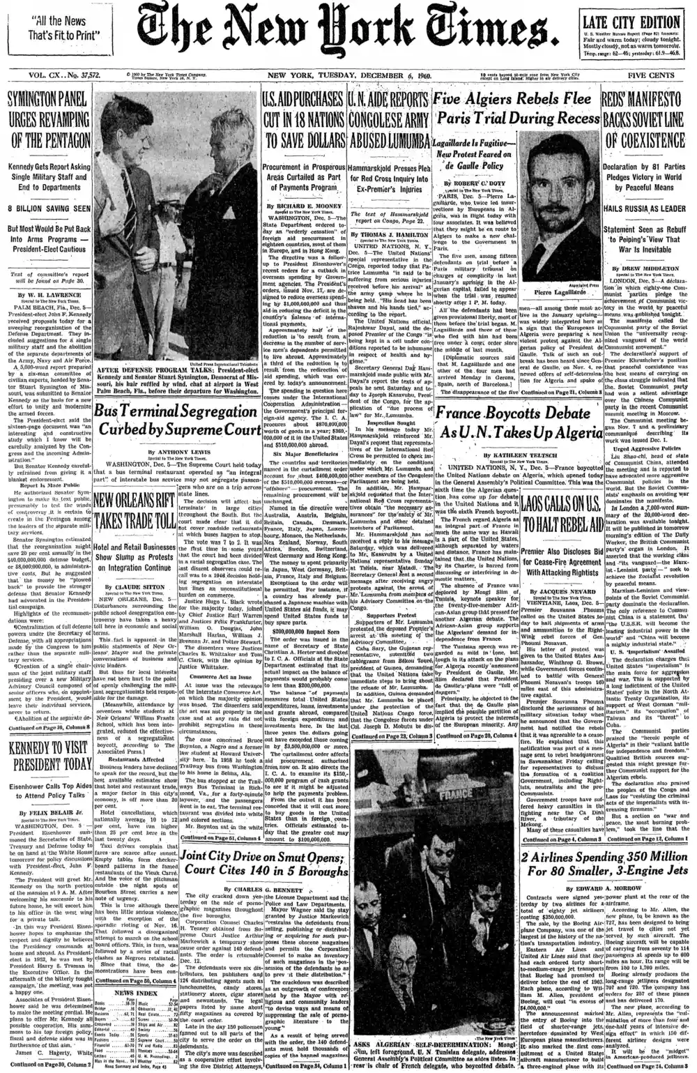 Tuesday, December 6, 1960 – The New York Times Front Page