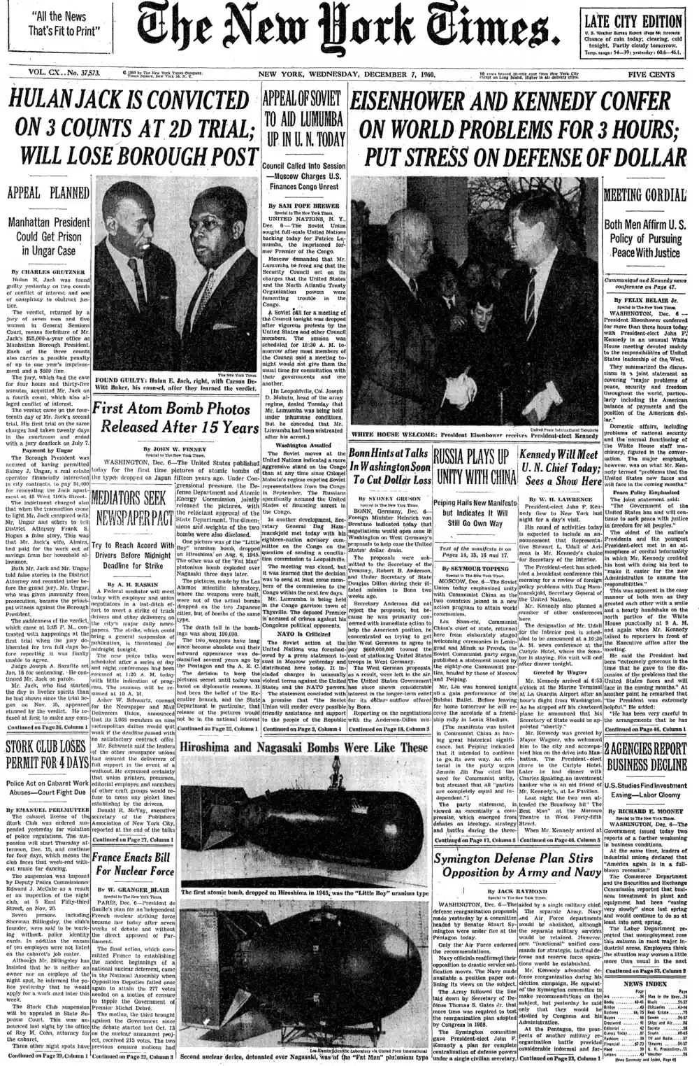 Wednesday, December 7, 1960 – The New York Times Front Page