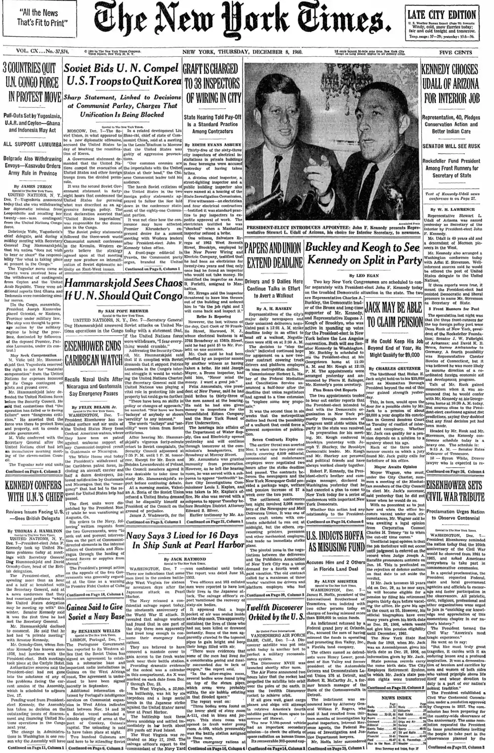 Thursday, December 8, 1960 – The New York Times Front Page