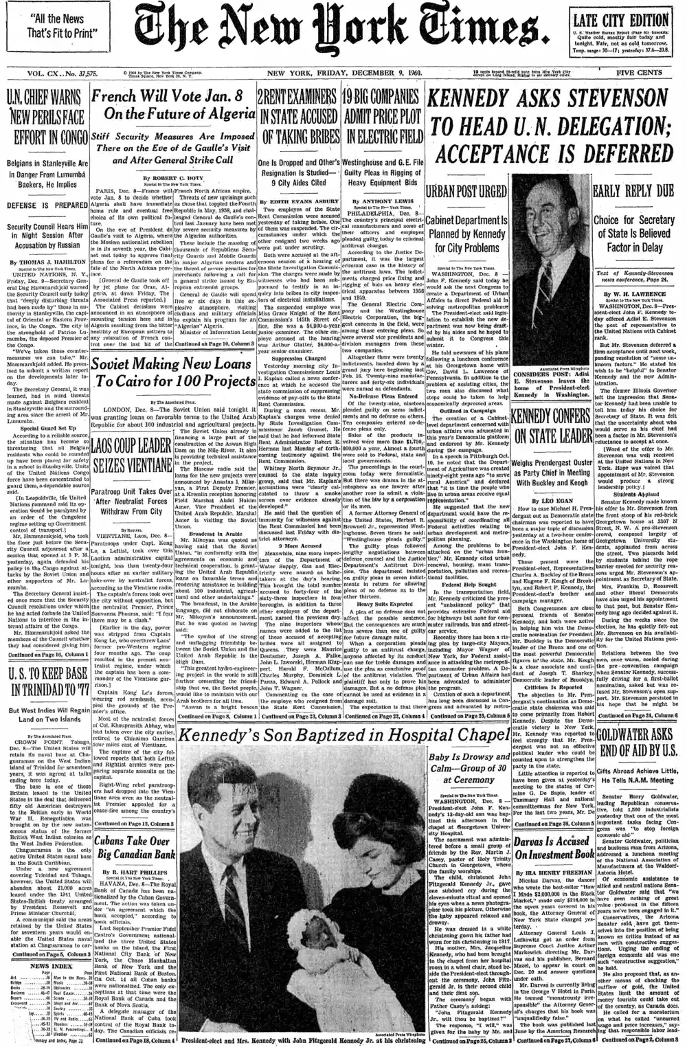 Friday, December 9, 1960 – The New York Times Front Page