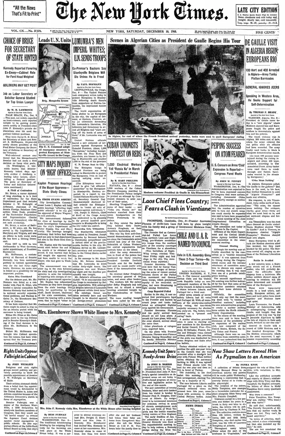 Saturday, December 10, 1960 – The New York Times Front Page