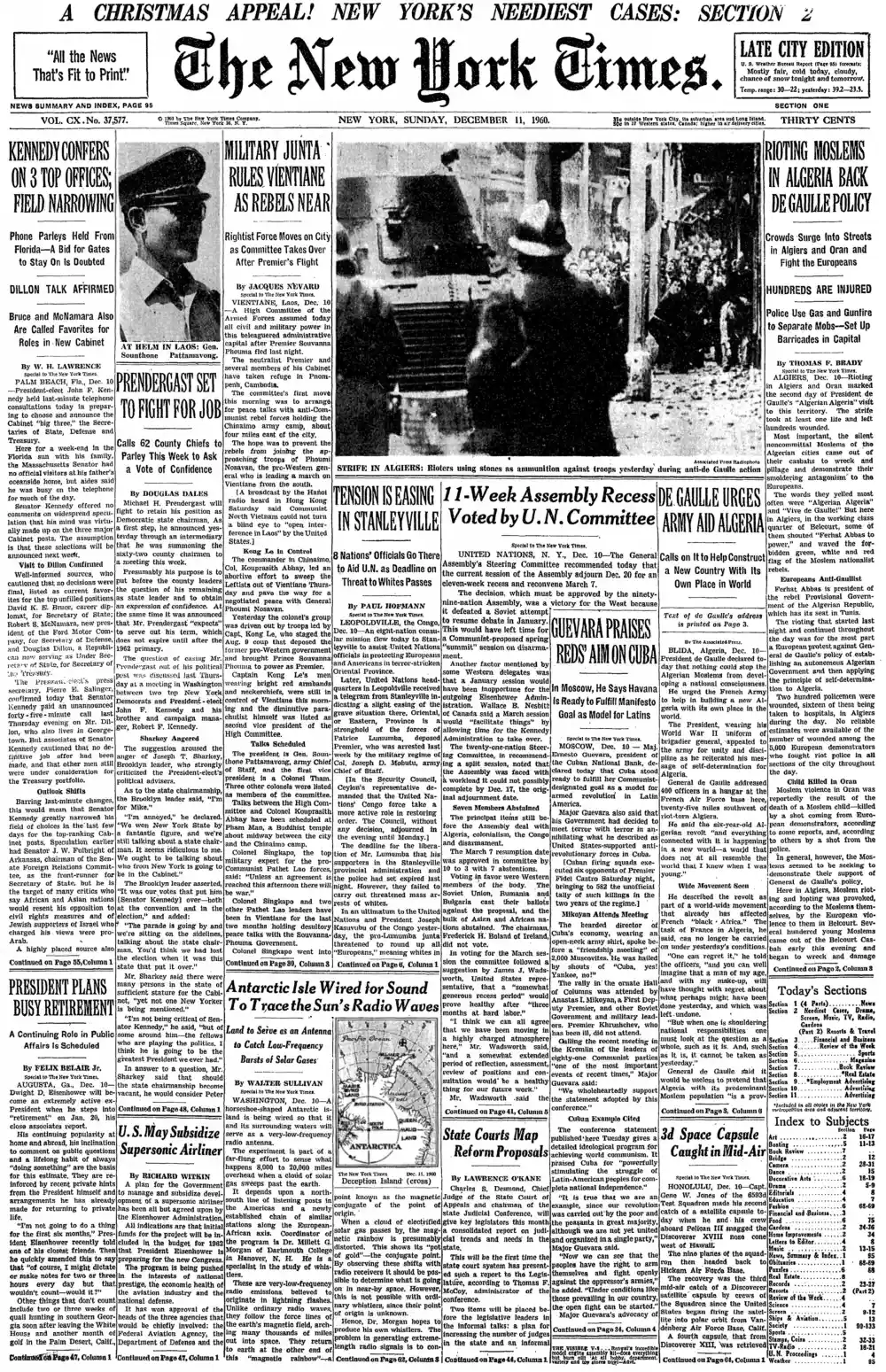 Sunday, December 11, 1960 – The New York Times Front Page