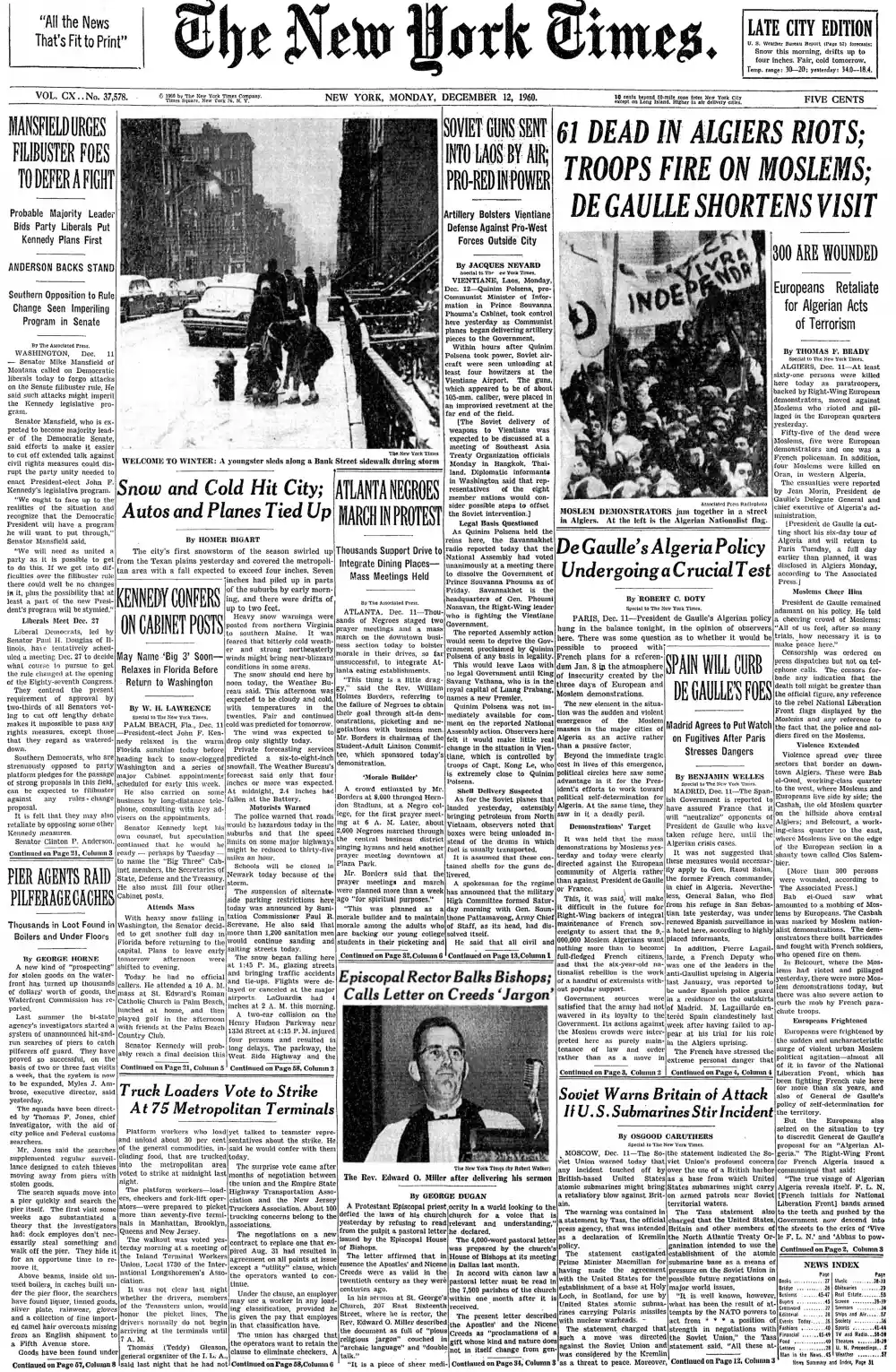 Monday, December 12, 1960 – The New York Times Front Page
