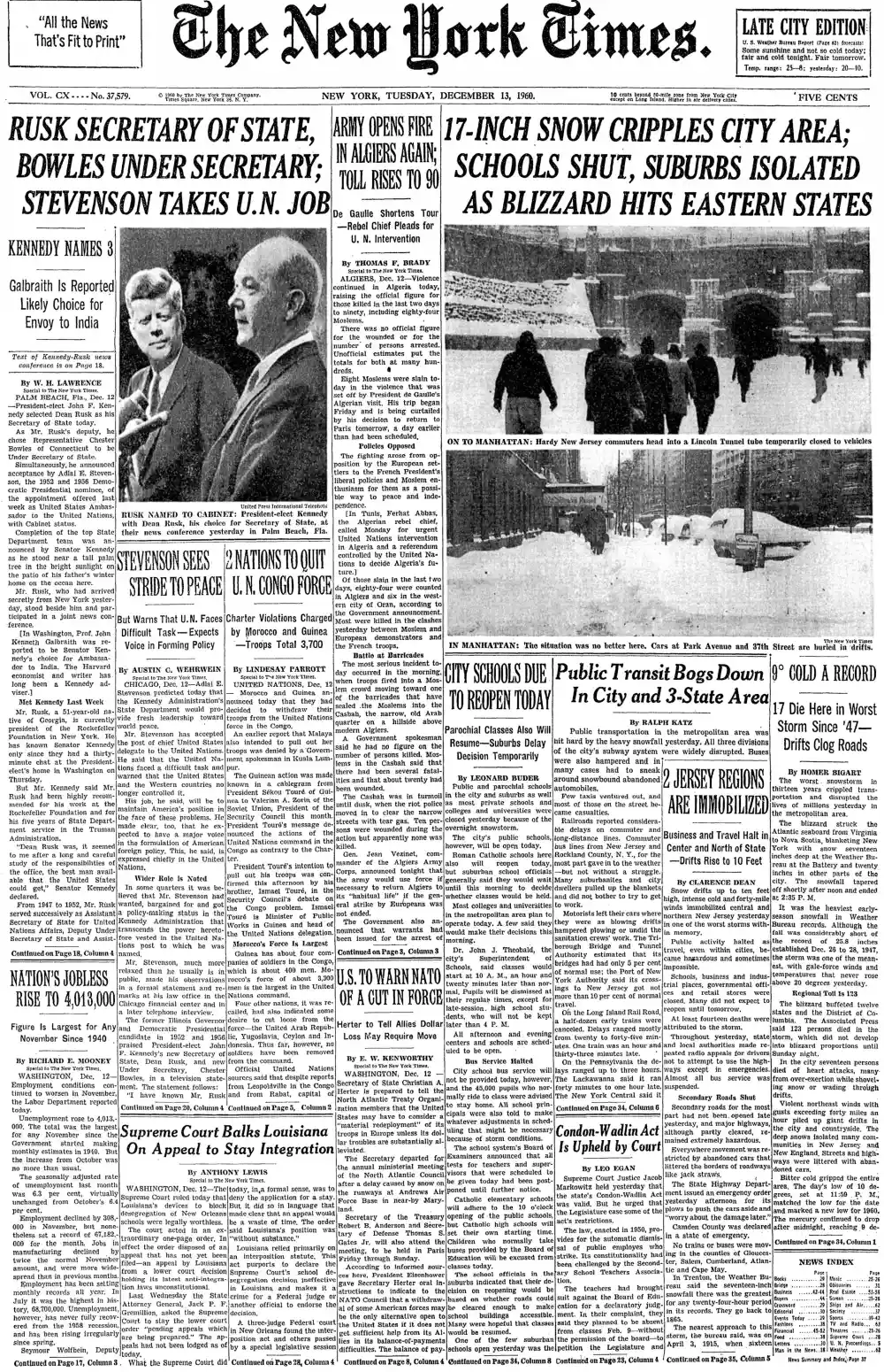 Tuesday, December 13, 1960 – The New York Times Front Page