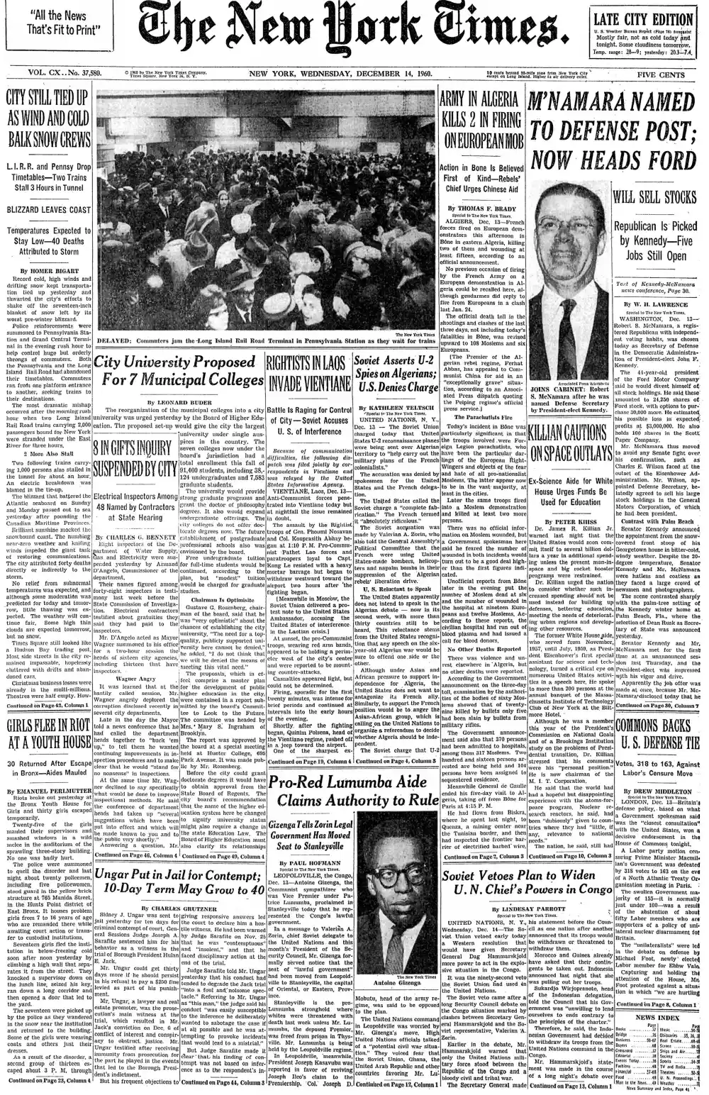 Wednesday, December 14, 1960 – The New York Times Front Page