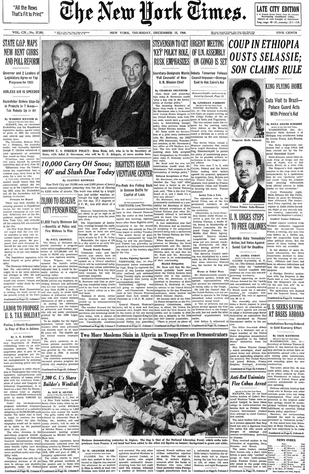 Thursday, December 15, 1960 – The New York Times Front Page