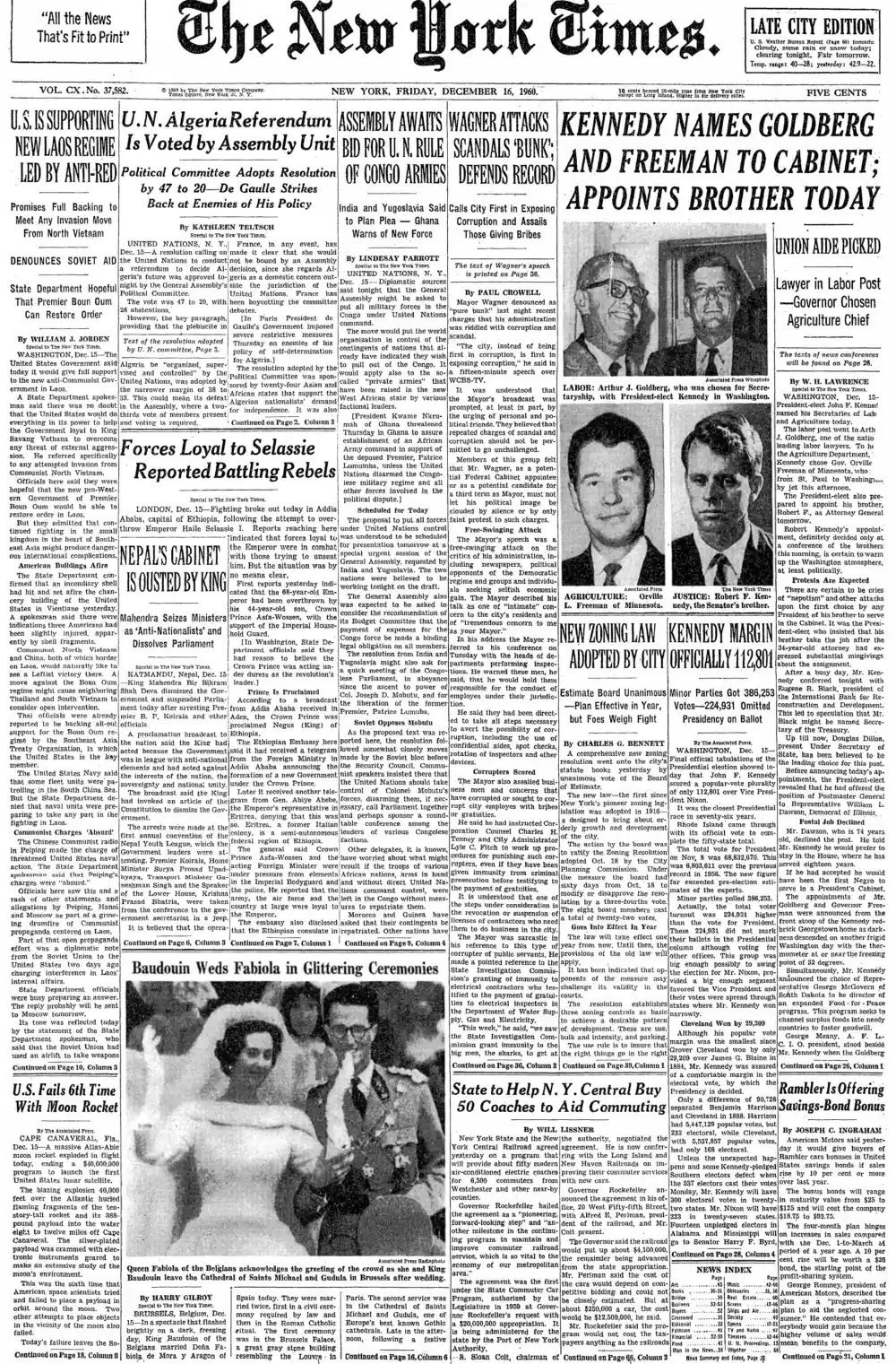 Friday, December 16, 1960 – The New York Times Front Page