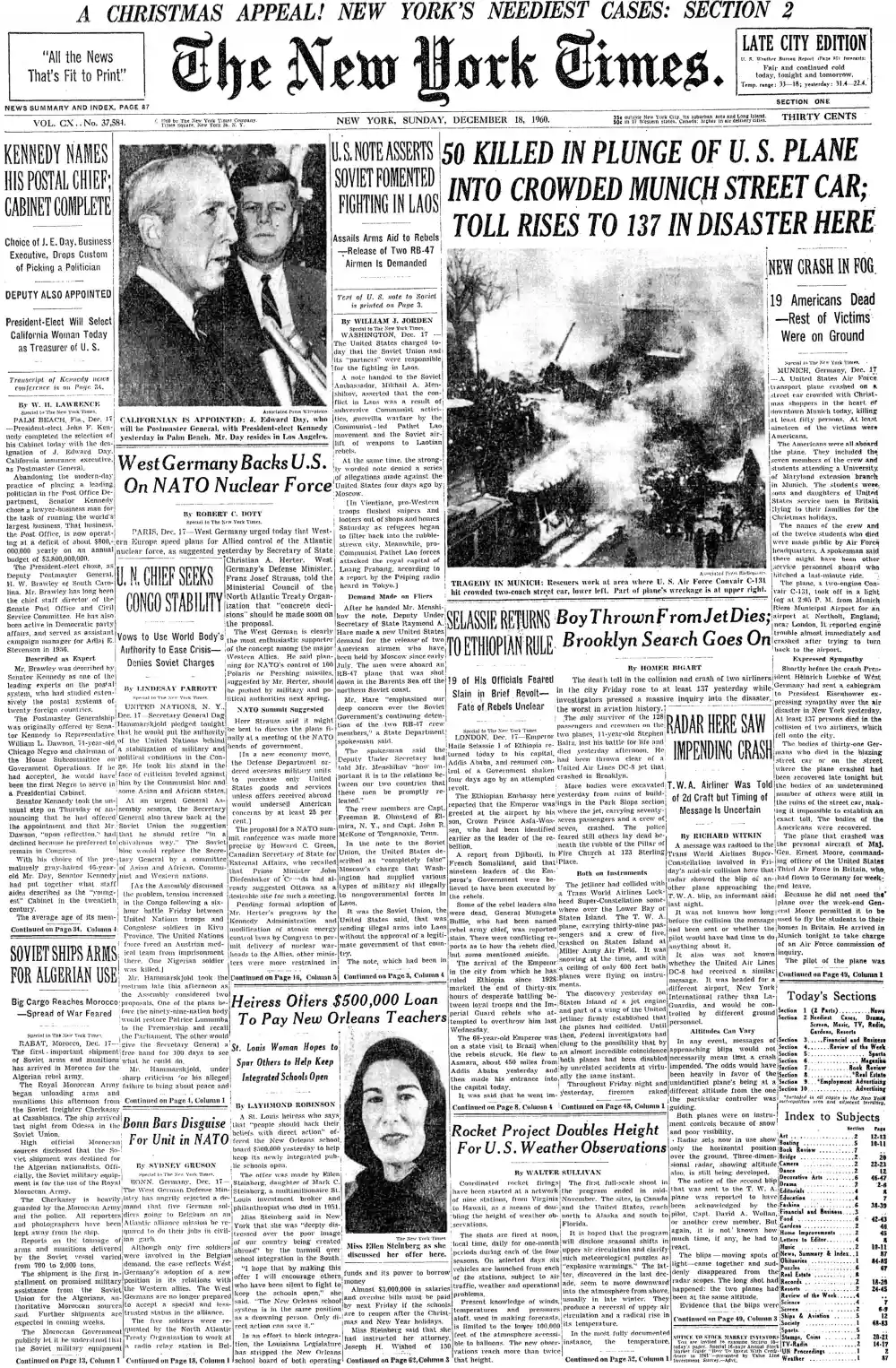 Sunday, December 18, 1960 – The New York Times Front Page