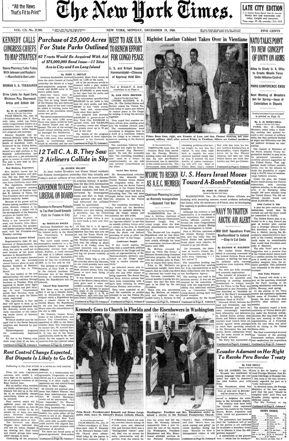 Monday, December 19, 1960 – The New York Times Front Page