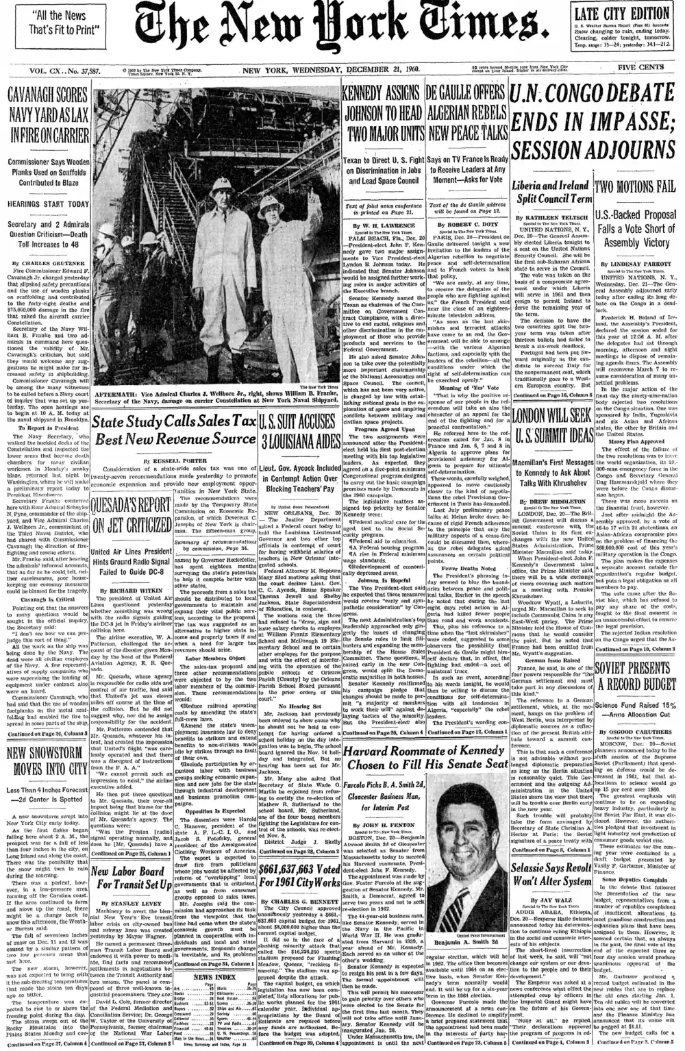 Wednesday, December 21, 1960 – The New York Times Front Page