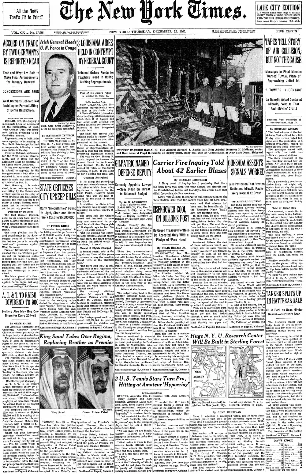 Thursday, December 22, 1960 – The New York Times Front Page