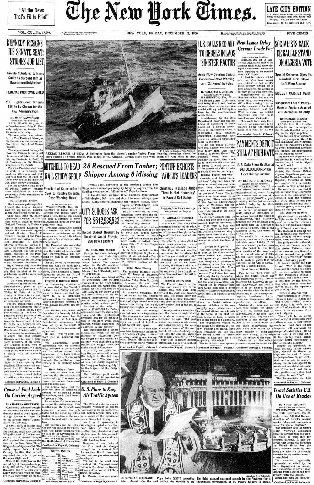 Friday, December 23, 1960 – The New York Times Front Page
