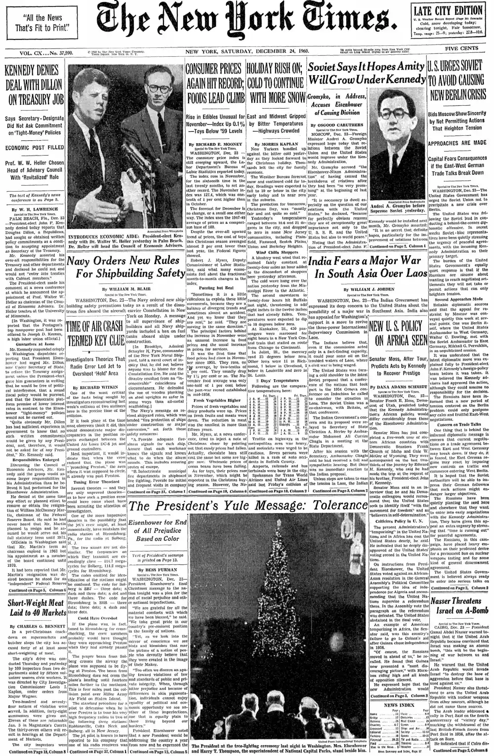 Saturday, December 24, 1960 – The New York Times Front Page