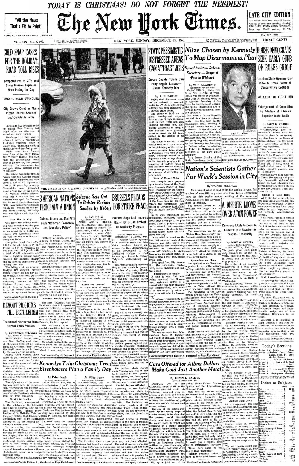 Sunday, December 25, 1960 – The New York Times Front Page