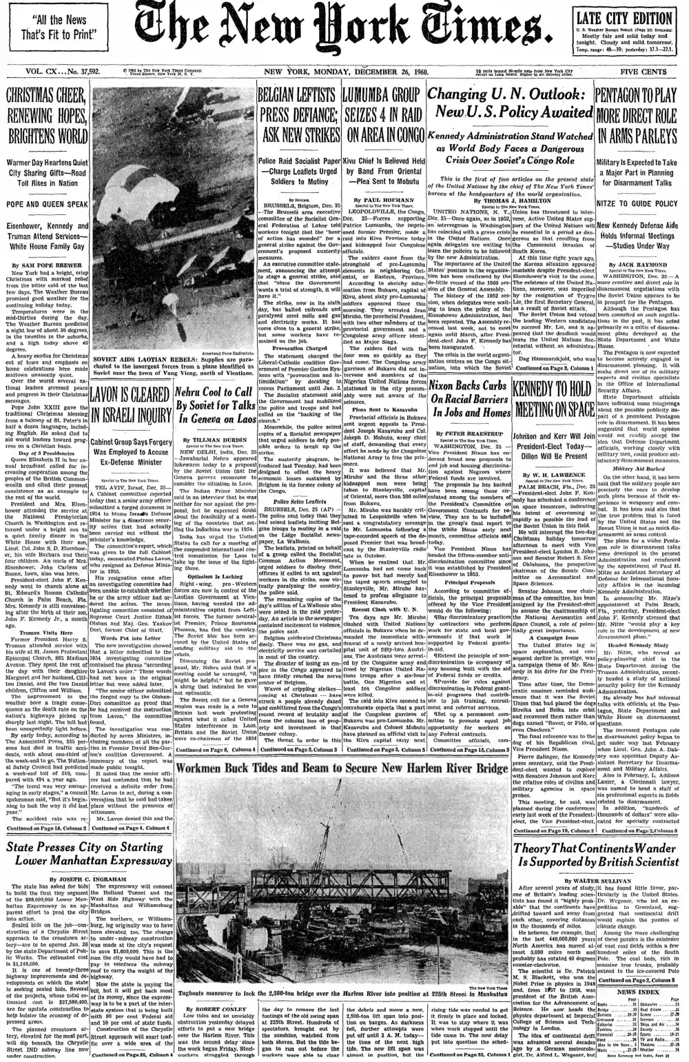 Monday, December 26, 1960 – The New York Times Front Page