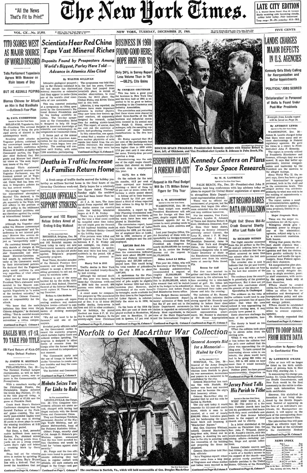 Tuesday, December 27, 1960 – The New York Times Front Page
