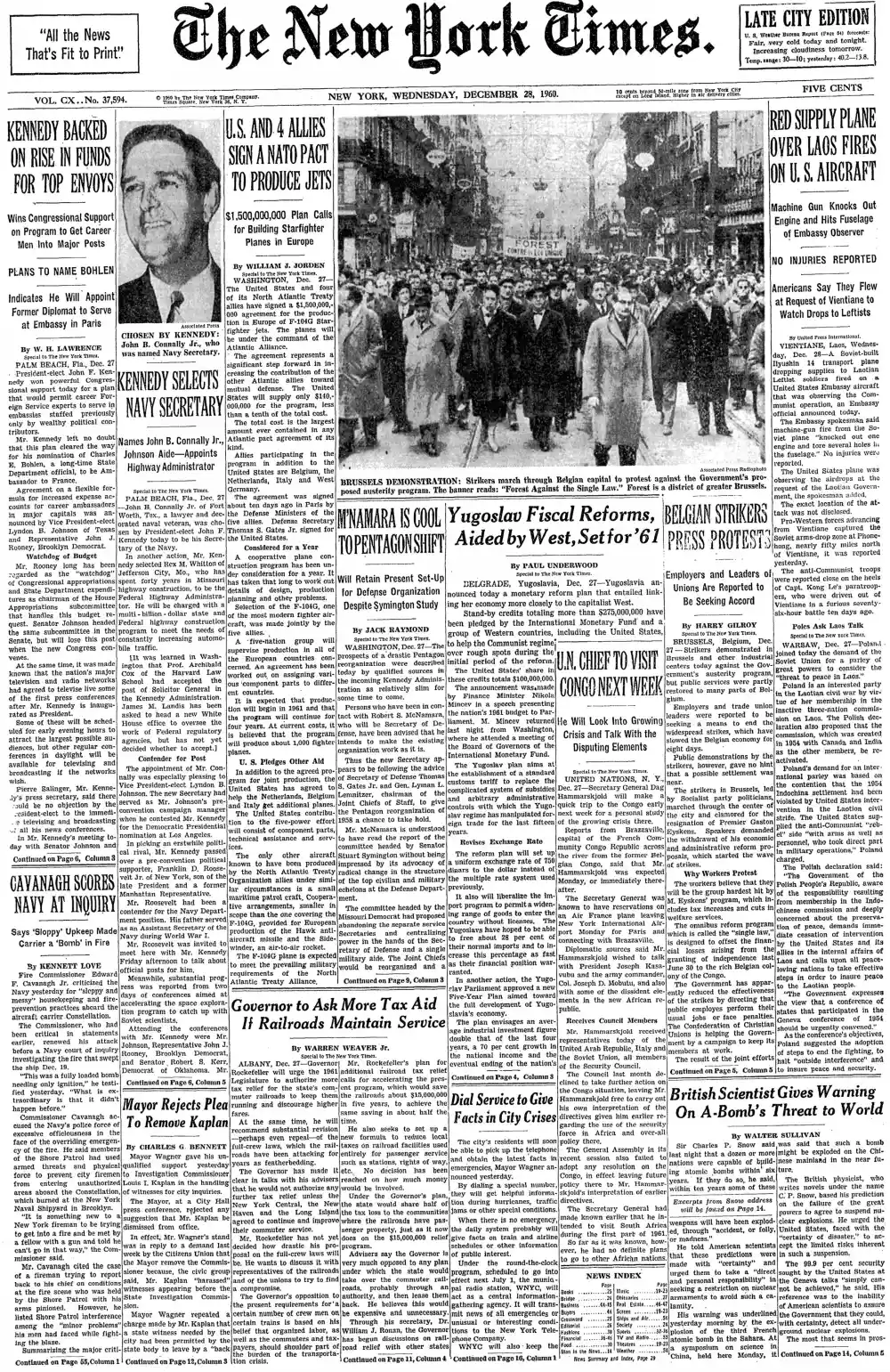 Wednesday, December 28, 1960 – The New York Times Front Page