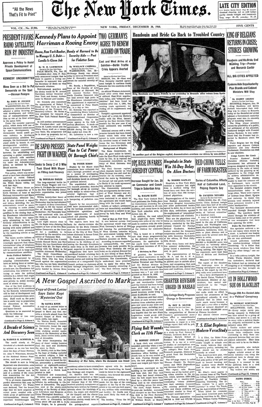 Friday, December 30, 1960 – The New York Times Front Page