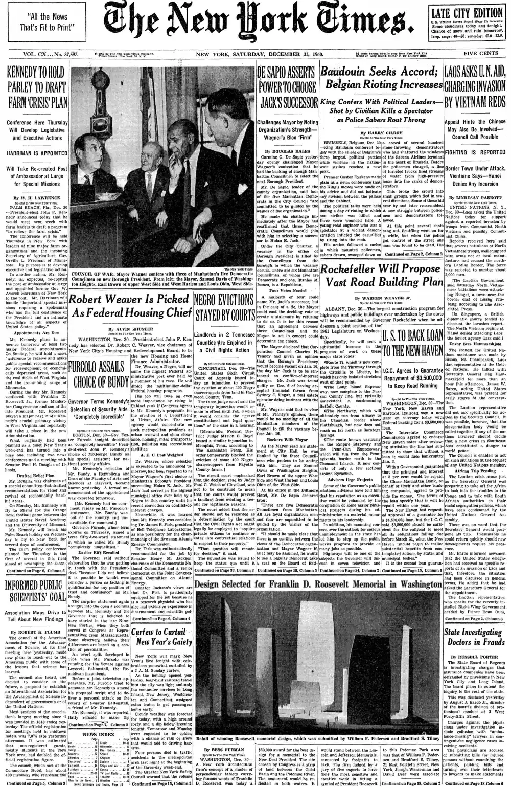 Saturday, December 31, 1960 – The New York Times Front Page