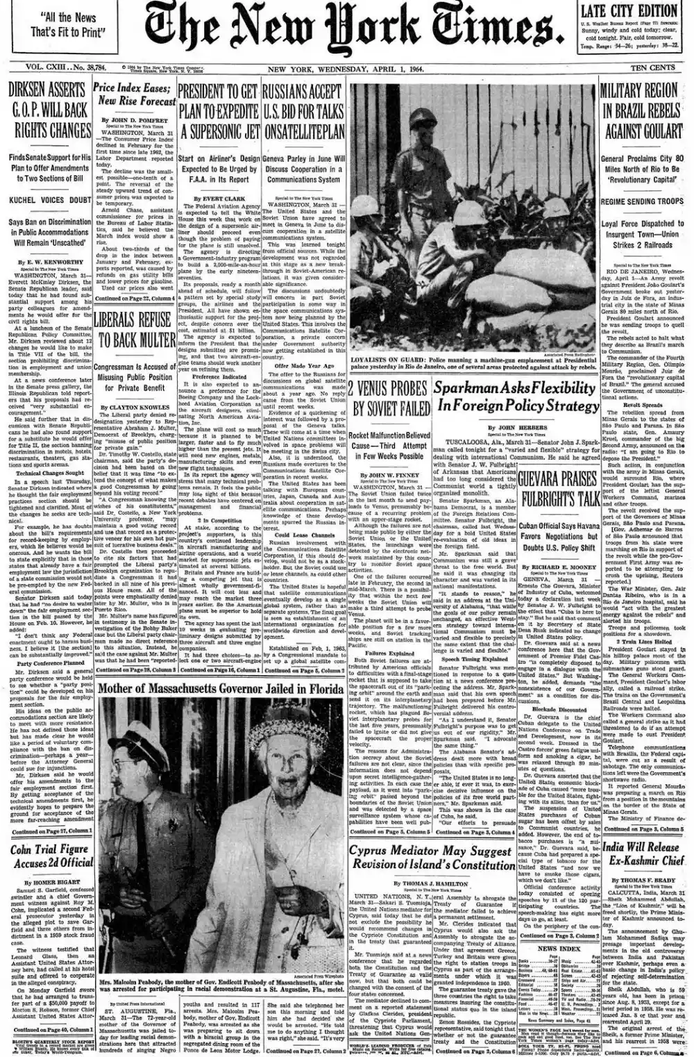 Wednesday, April 1, 1964 – The New York Times Front Page
