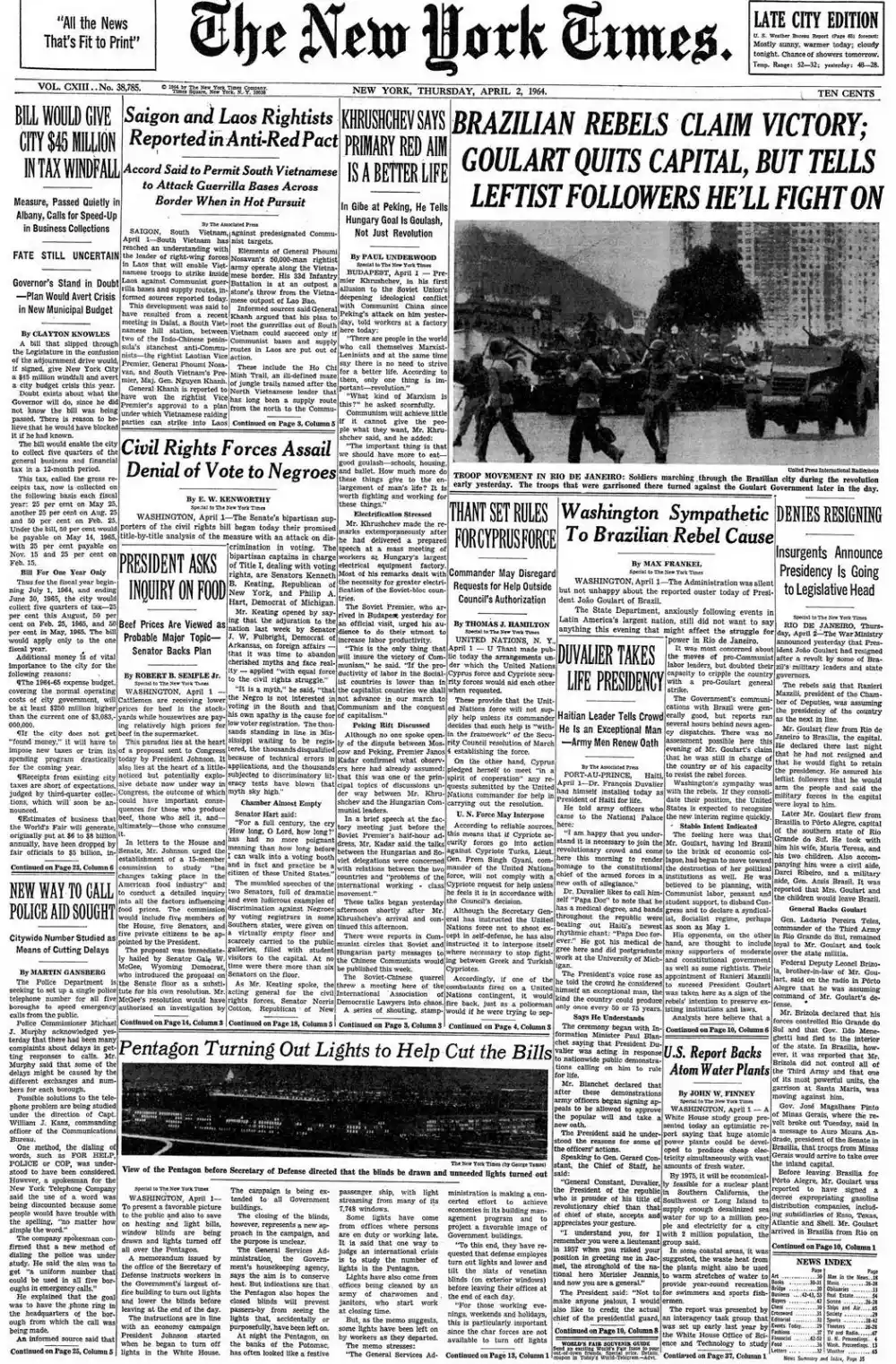 Thursday, April 2, 1964 – The New York Times Front Page