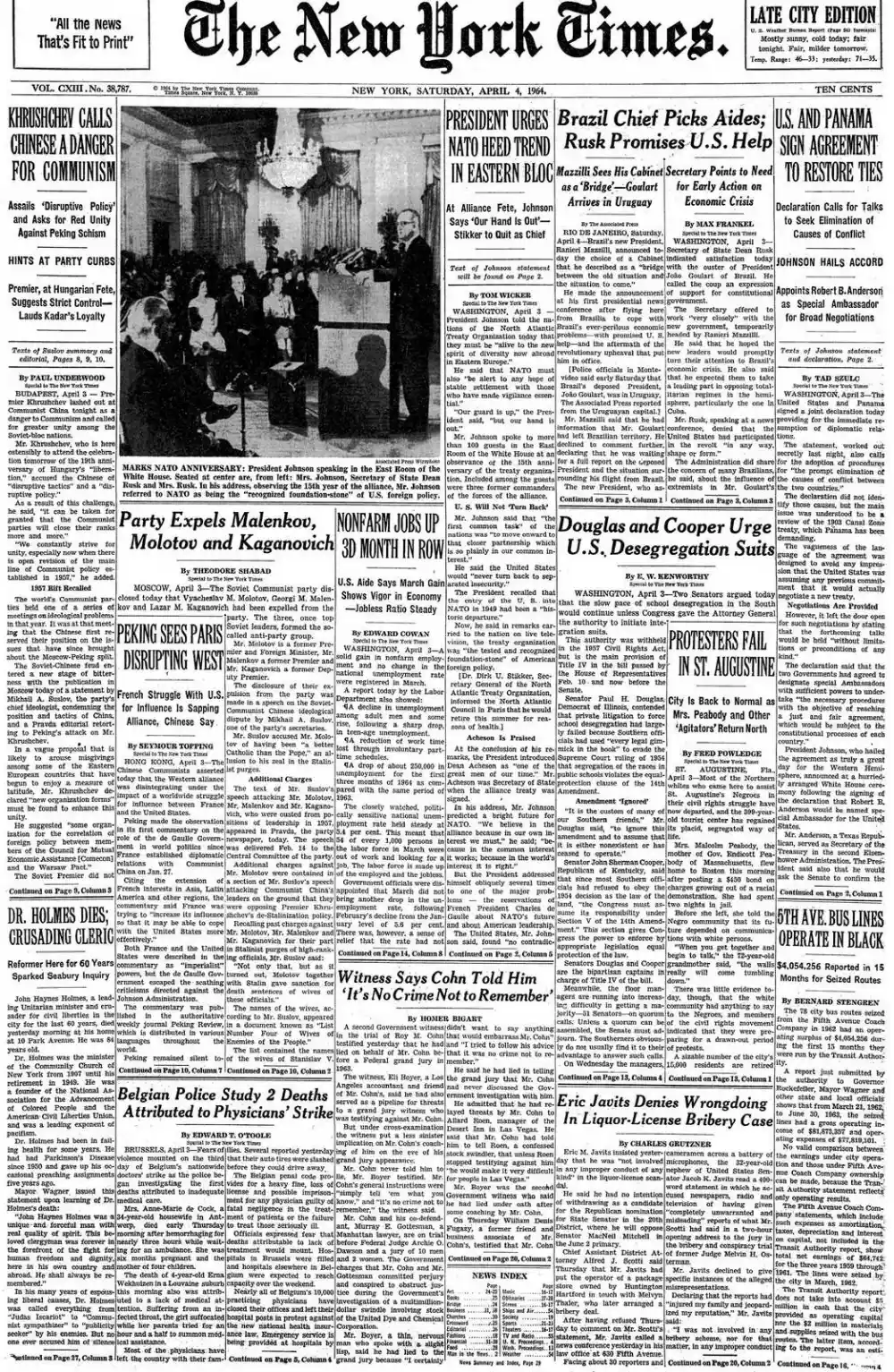 Saturday, April 4, 1964 – The New York Times Front Page