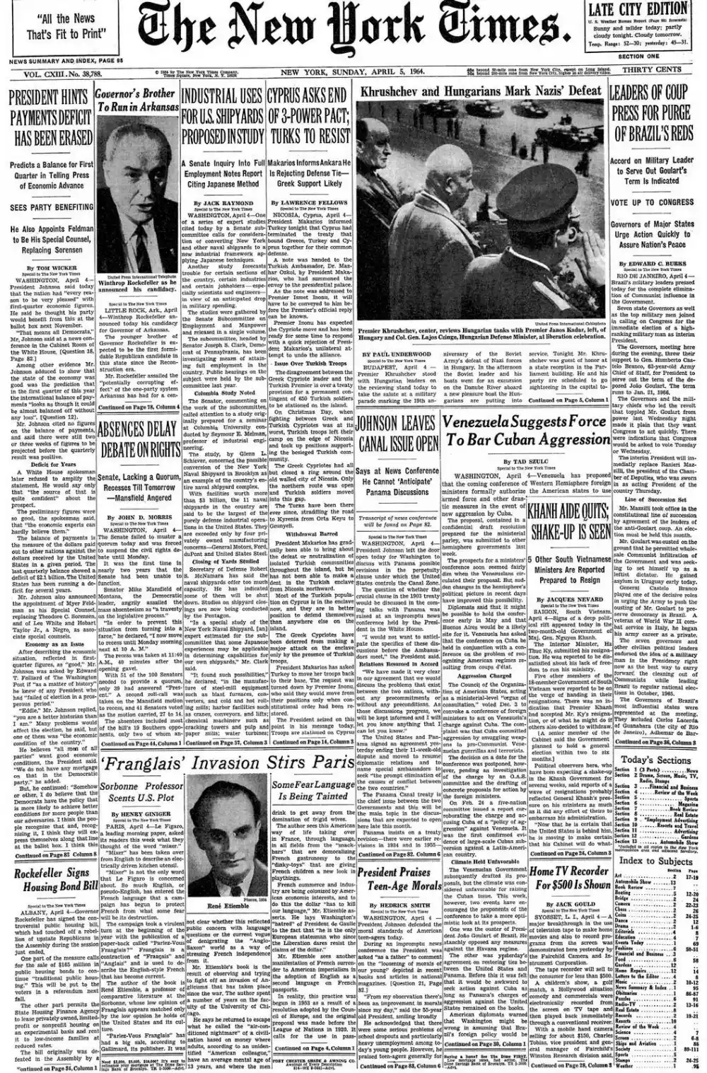 Sunday, April 5, 1964 – The New York Times Front Page
