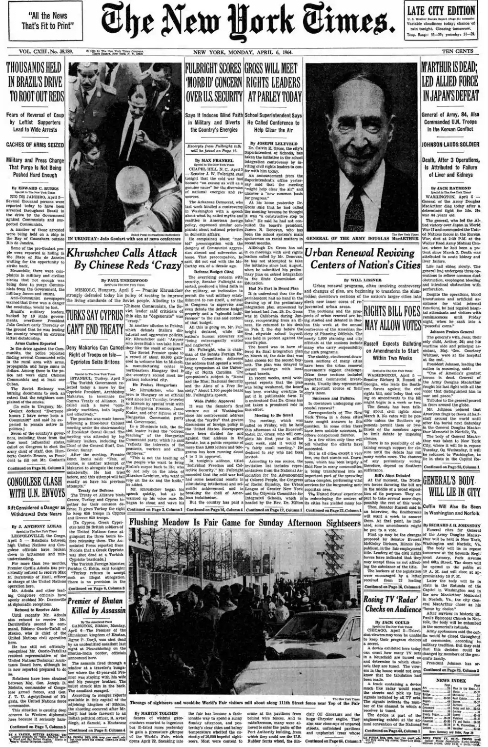 Monday, April 6, 1964 – The New York Times Front Page
