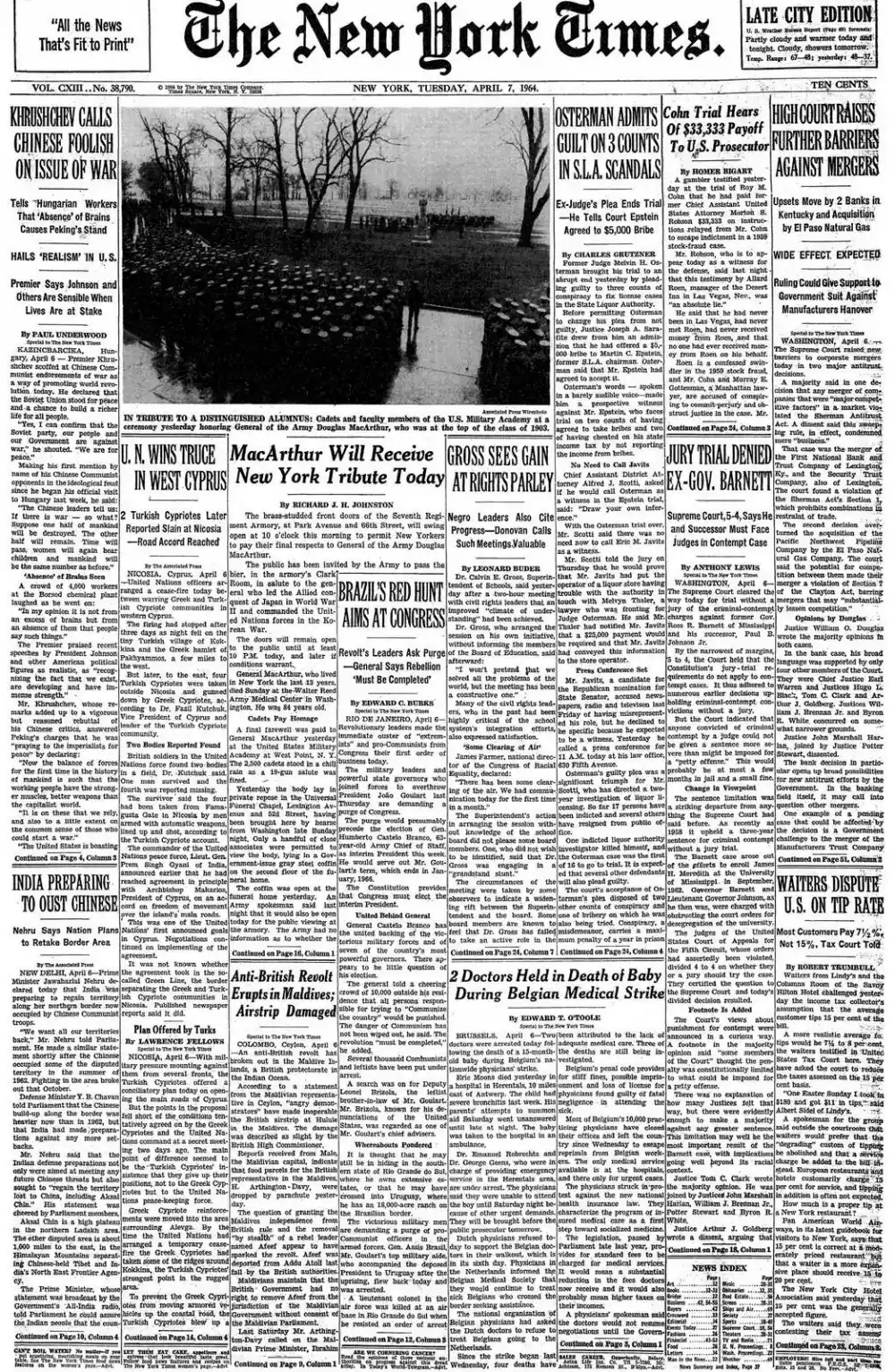 Tuesday, April 7, 1964 – The New York Times Front Page