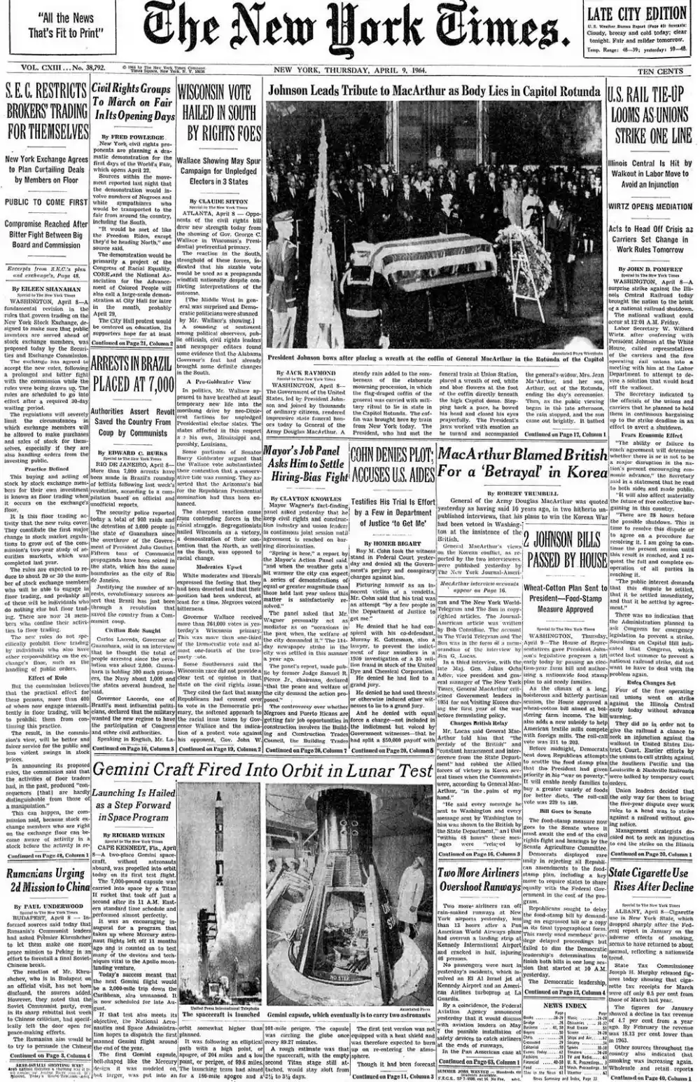 Thursday, April 9, 1964 – The New York Times Front Page