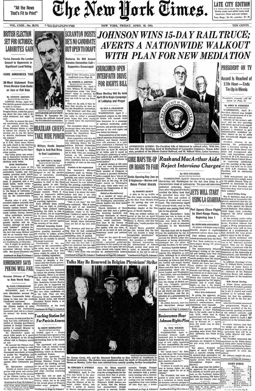 Friday, April 10, 1964 – The New York Times Front Page