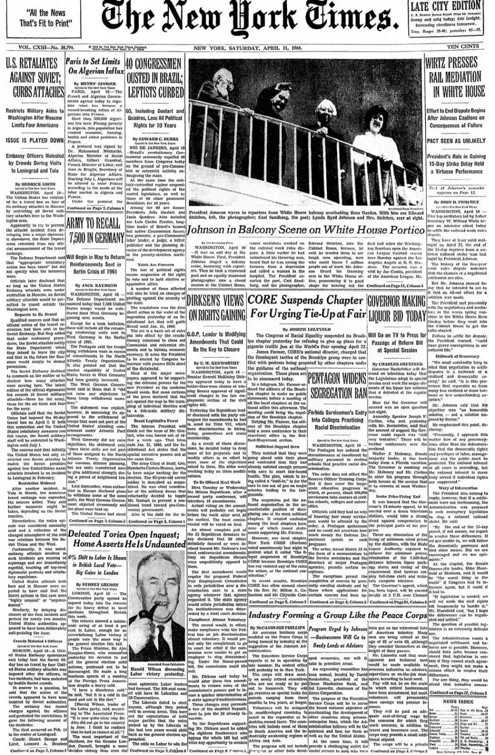 Saturday, April 11, 1964 – The New York Times Front Page