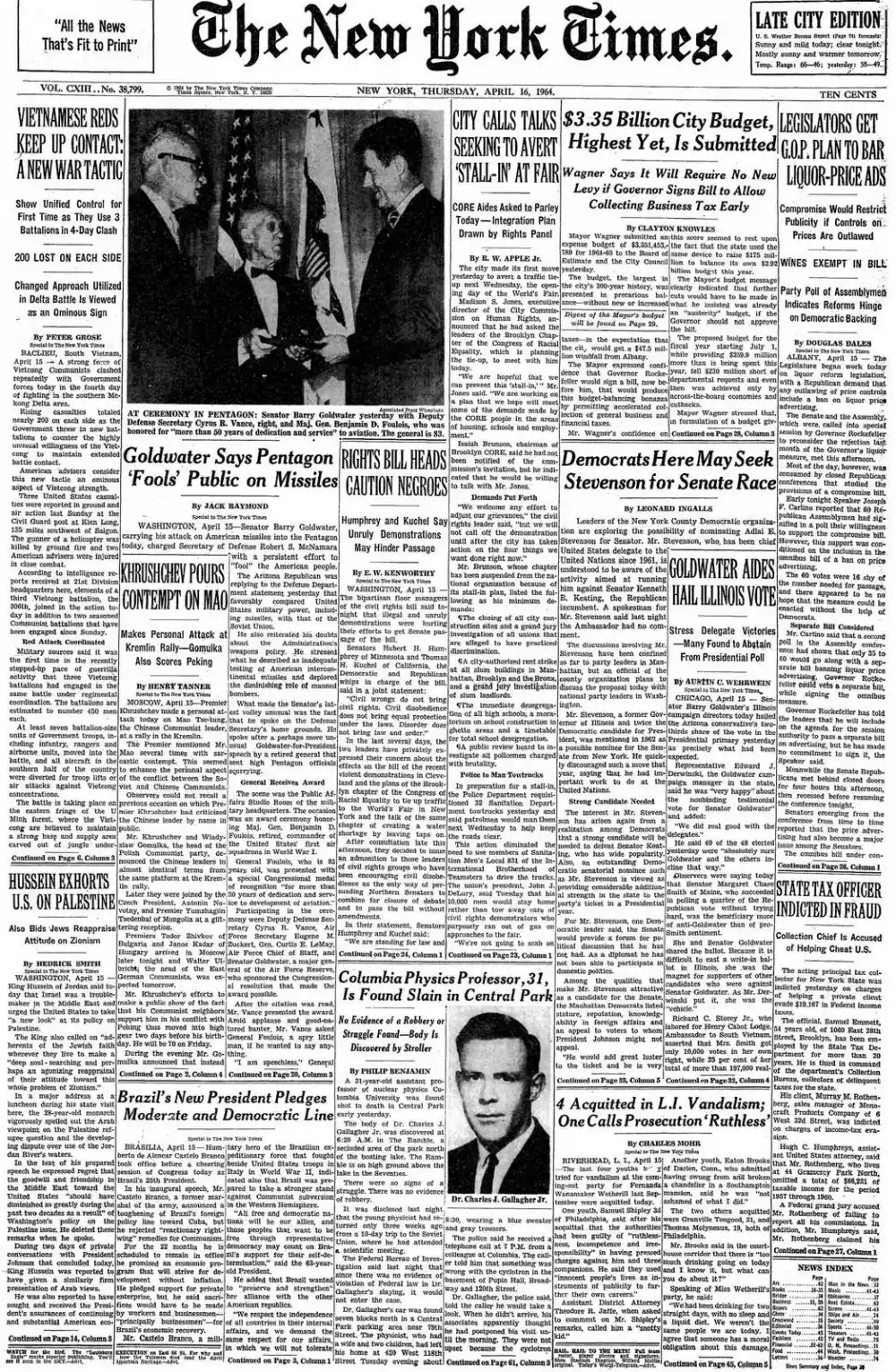 Thursday, April 16, 1964 – The New York Times Front Page