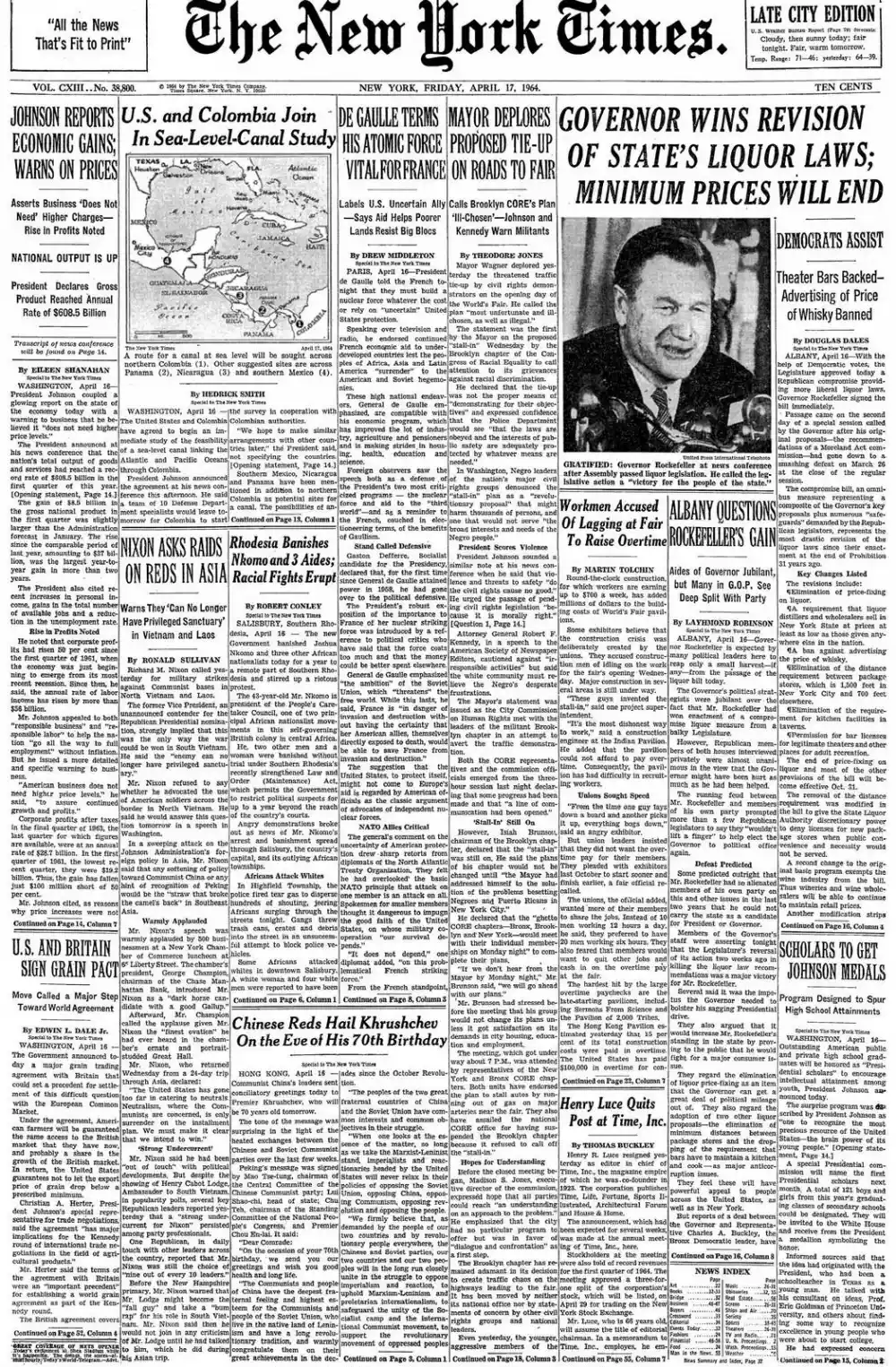 Friday, April 17, 1964 – The New York Times Front Page