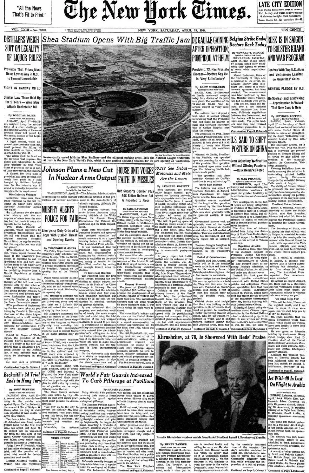 Saturday, April 18, 1964 – The New York Times Front Page