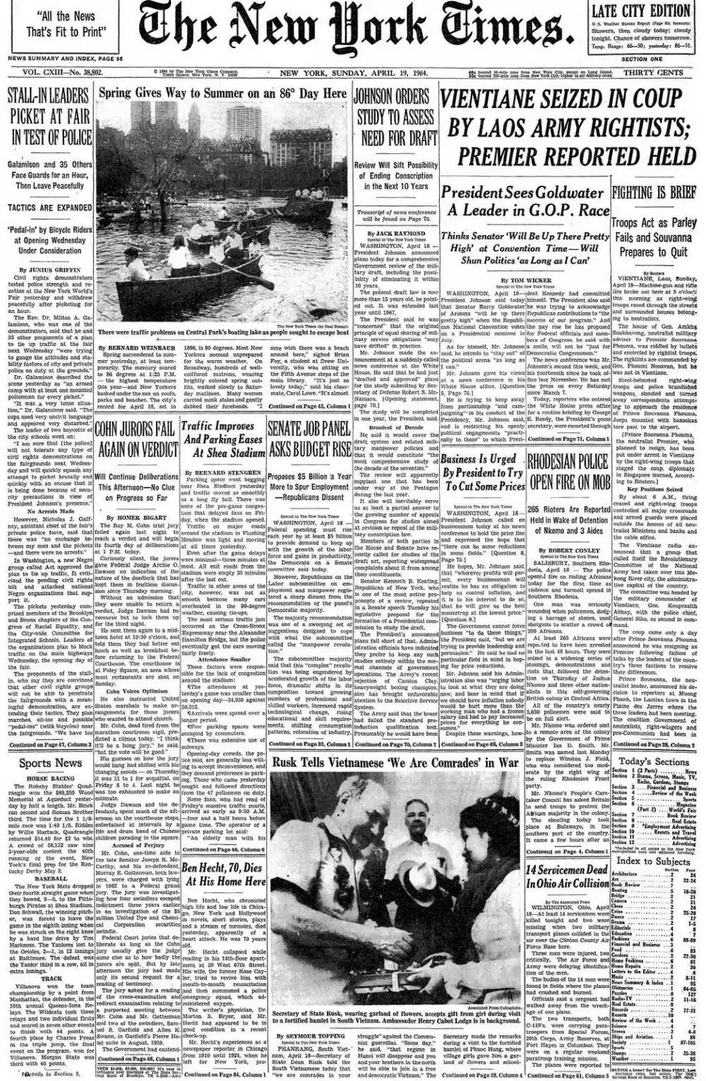 Sunday, April 19, 1964 – The New York Times Front Page