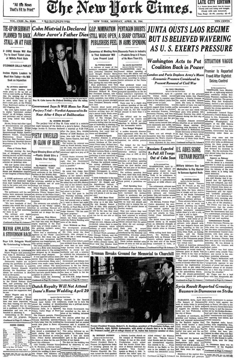 Monday, April 20, 1964 – The New York Times Front Page