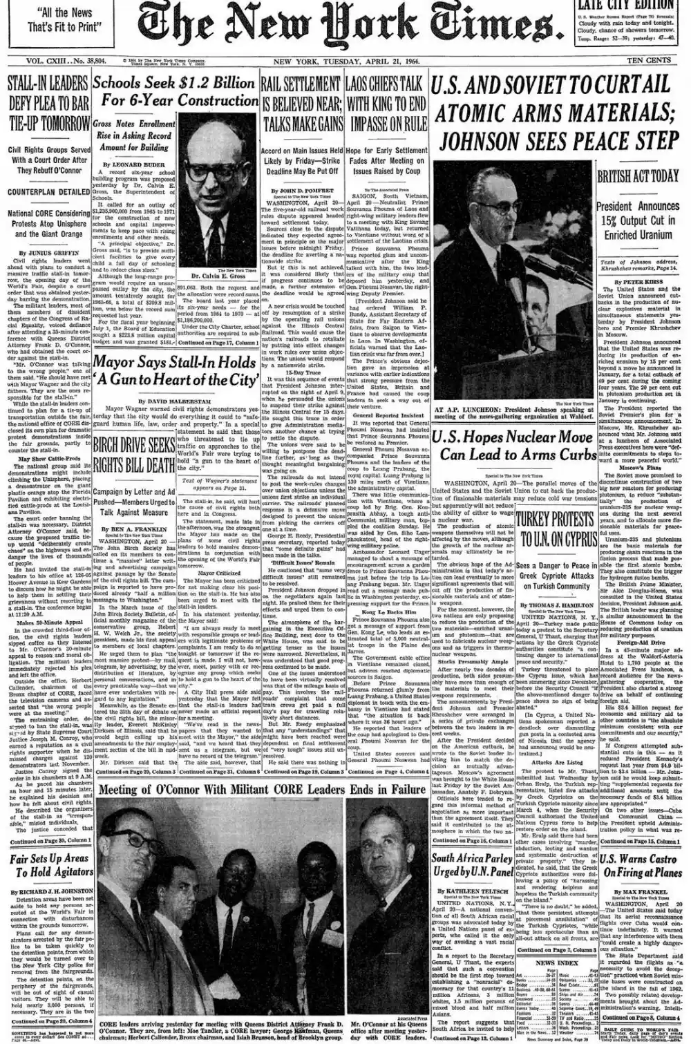 Tuesday, April 21, 1964 – The New York Times Front Page