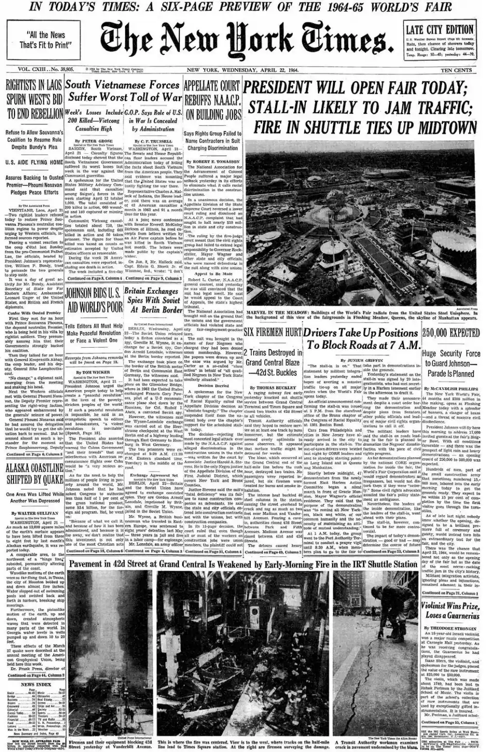 Wednesday, April 22, 1964 – The New York Times Front Page
