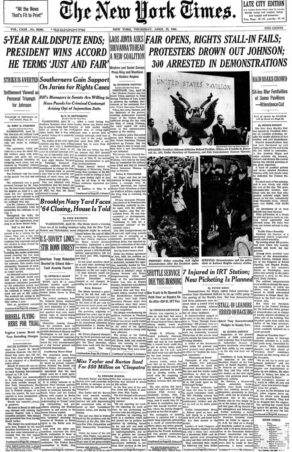 Thursday, April 23, 1964 – The New York Times Front Page