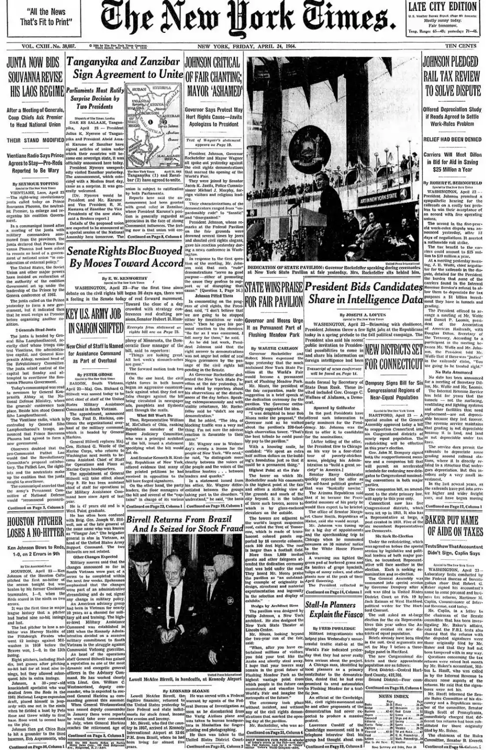 Friday, April 24, 1964 – The New York Times Front Page